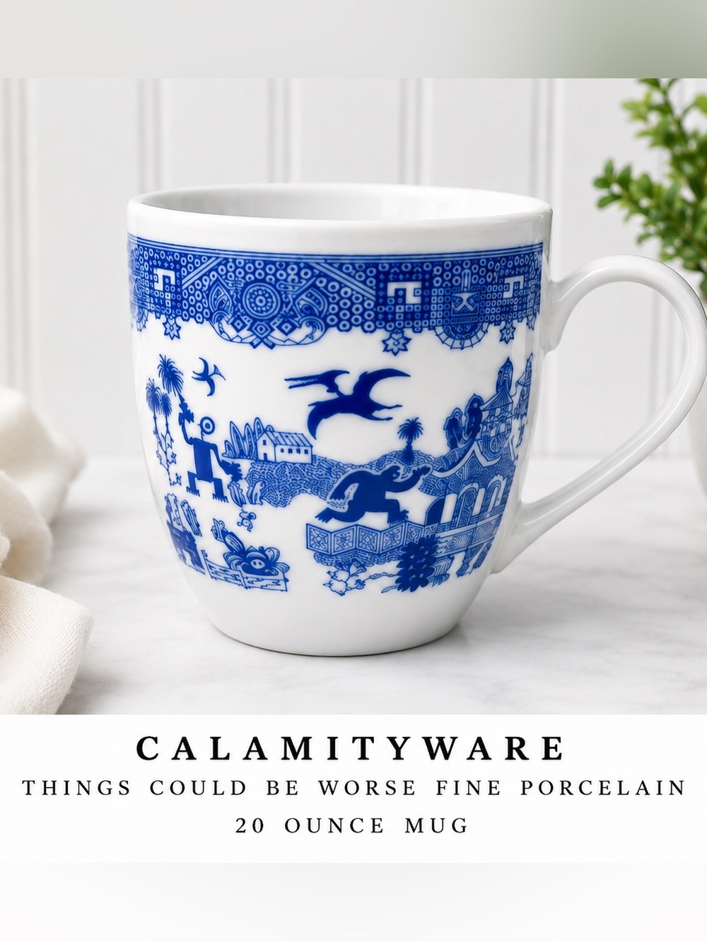 Calamityware Things Could Be Worse Blue White Fine Porcelain 20 Oz Mug Poland